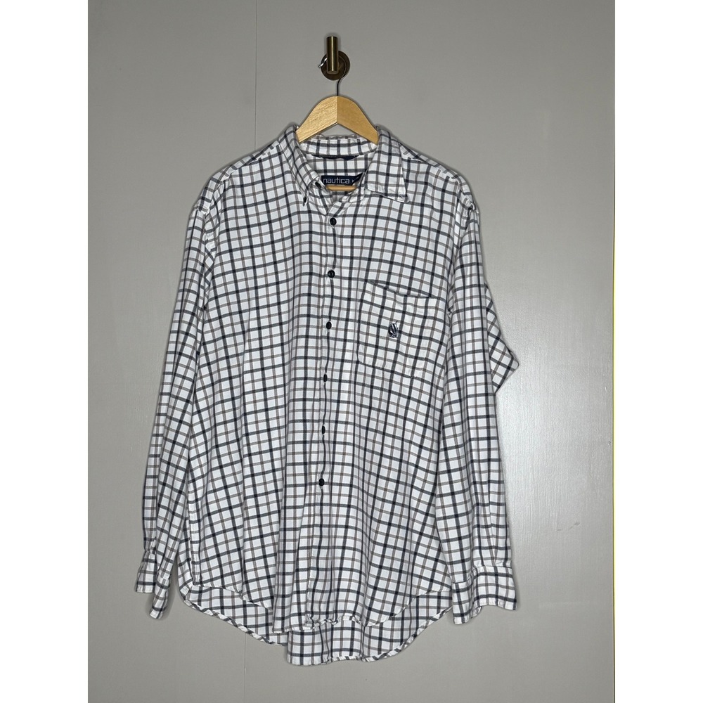 Nautica White Navy Tan Plaid Flannel Button Front Shirt Men's XXL